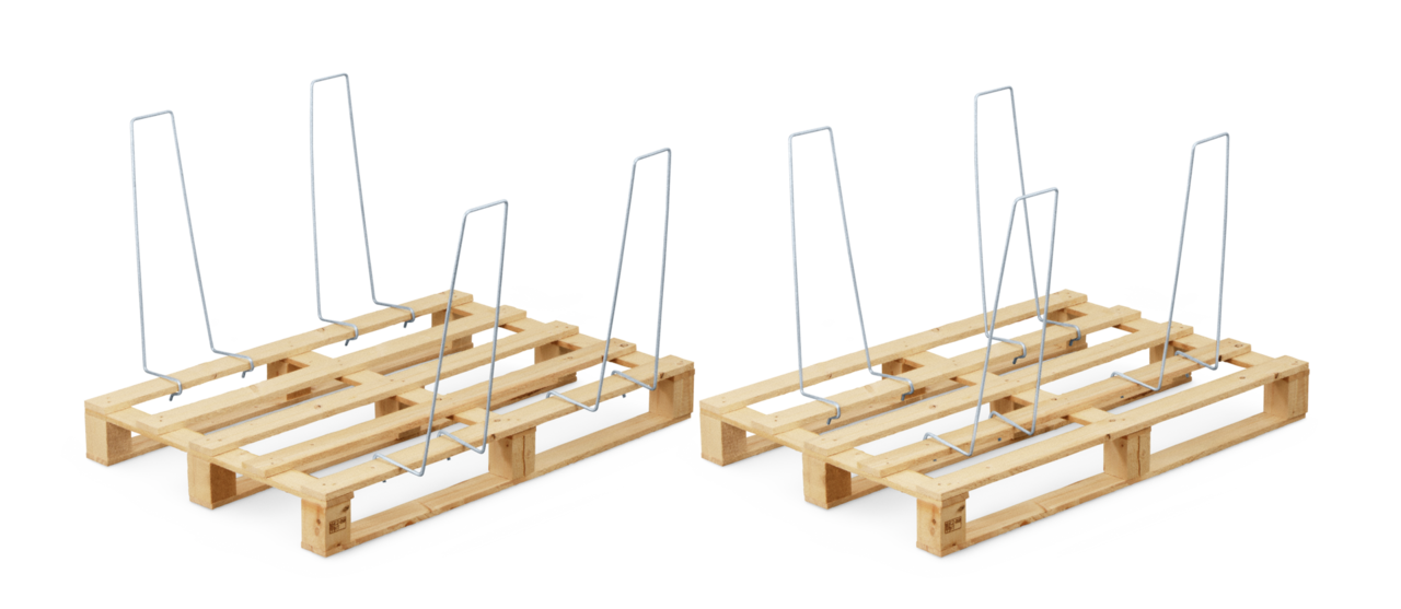 auch passend für Einweg-Holzpaletten, dabei ragen die Bügel seitlich über die Palette hinaus oder können weiter innen angebracht werden