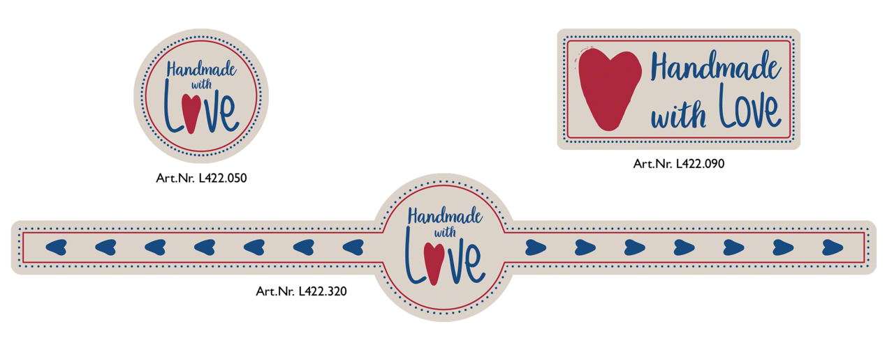 Design «Handmade with Love» finden Sie in unserem Web-Shop in 3 Ausführungen – zum Verzieren und Verschließen