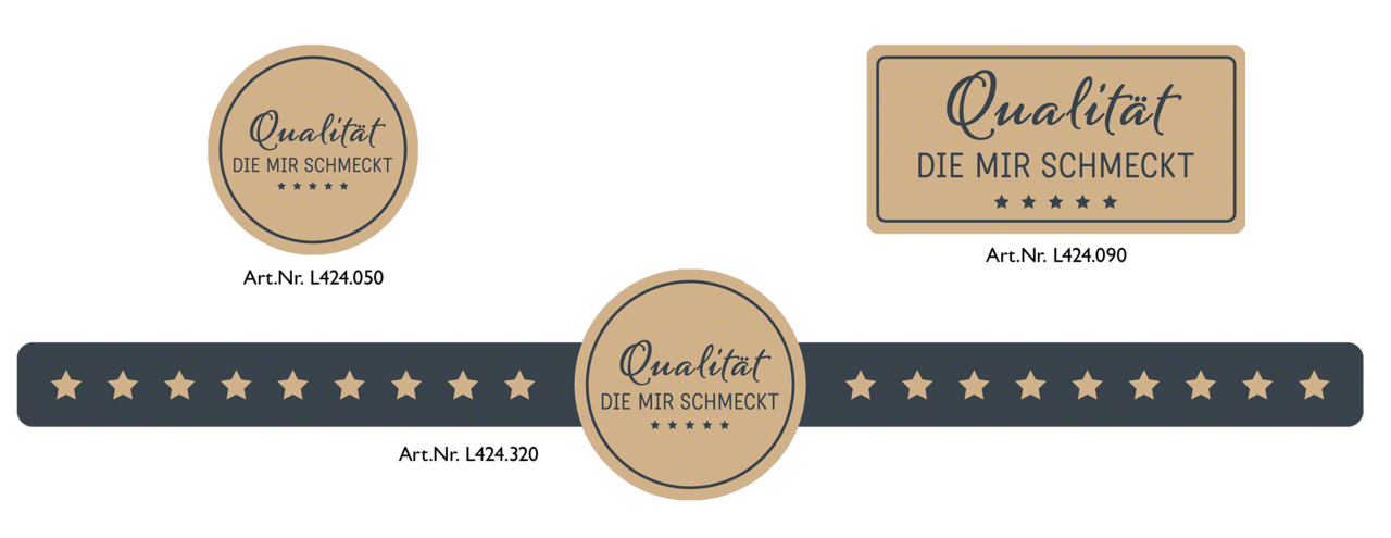 Etiketten des Designs «Genuss» finden Sie in unserem Web-Shop in 3 Ausführungen – zum Verzieren und Verschließen