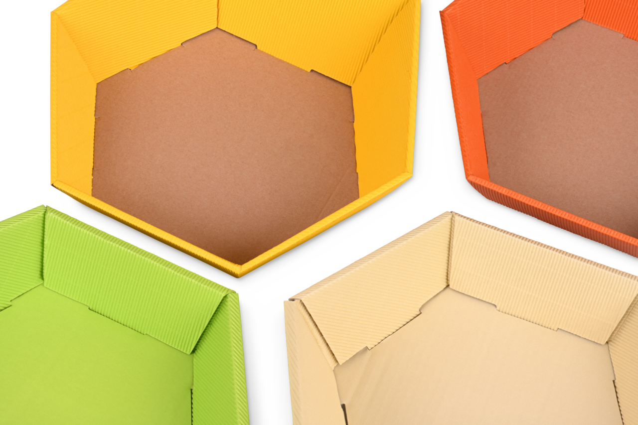 Geschenkkorb Hellgrün und Crème innen bedruckt, Gelb und Orange innen braun unbedruckt