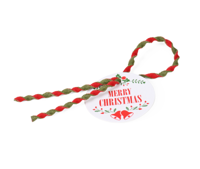Produktanh&auml;nger mit Verschl.-Kordel &laquo;Merry Christmas&raquo;, K&auml;rtchen: wei&szlig;; Kordel: rot/gr&uuml;n