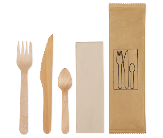 Besteckset aus Holz gewachst: Messer, Gabel, Kaffeelöffel, Serviette