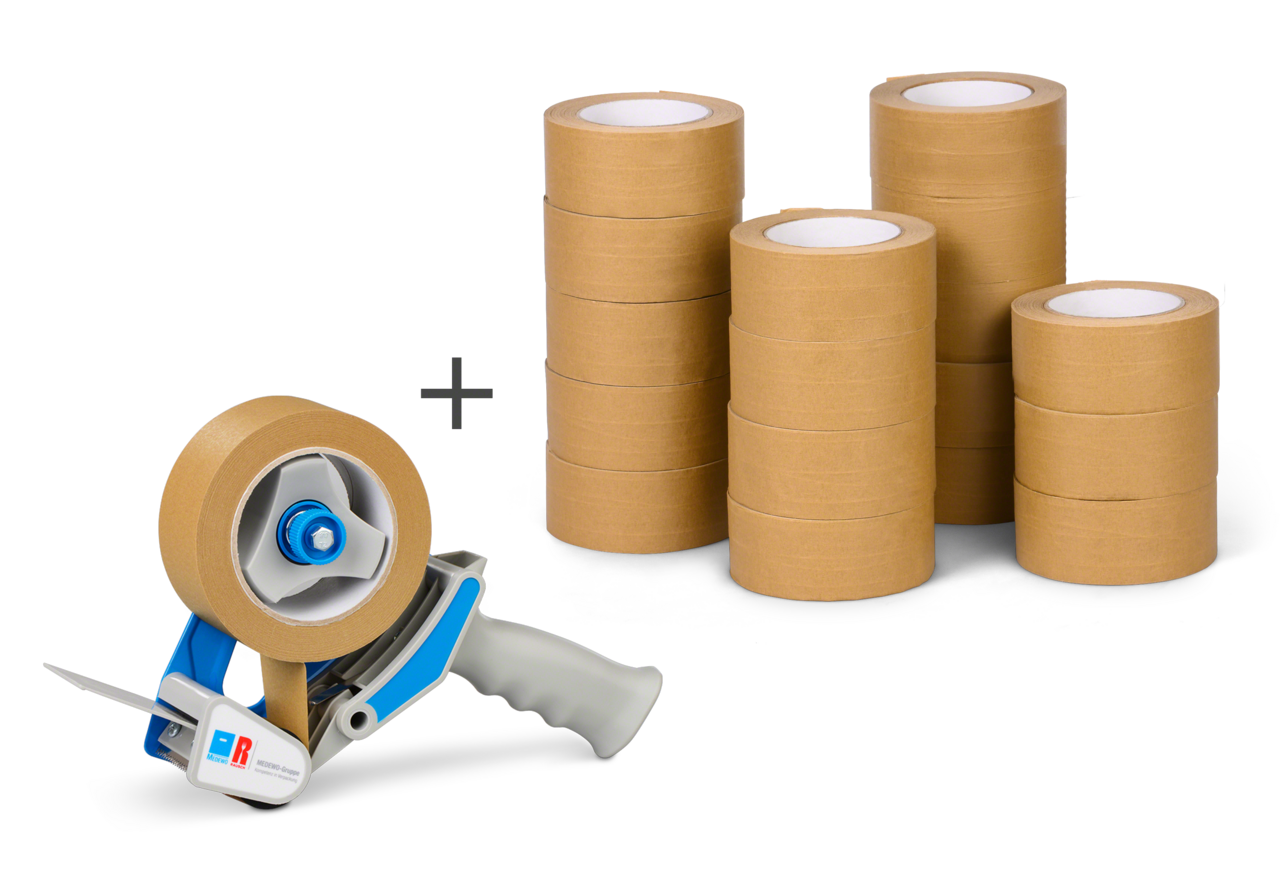 Papierklebeband Set fadenverstärkt 18 Rollen + Handabroller