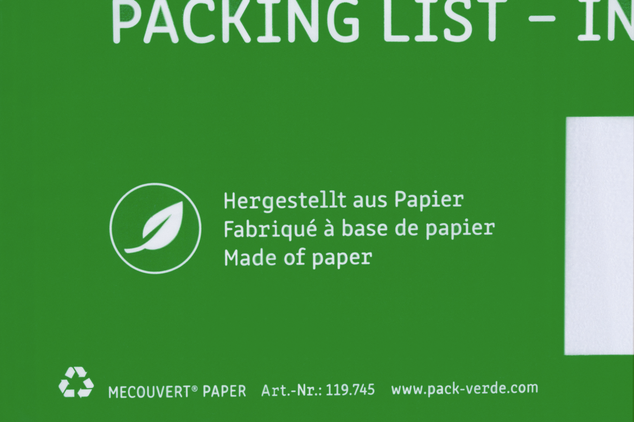 Aufdruck informiert Empfänger über die Nachhaltigkeit von MECOUVERT® PAPER