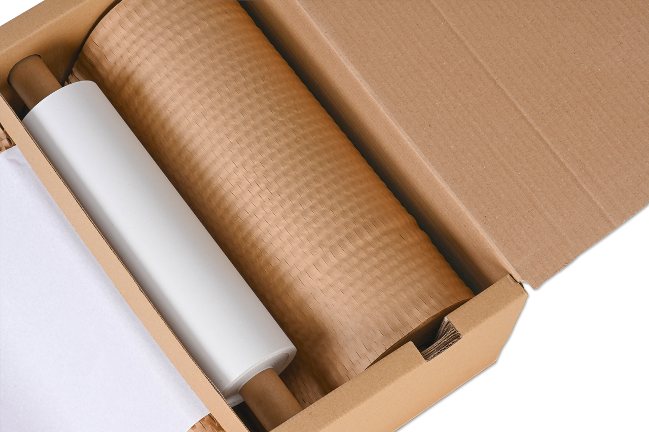 Integrierte Rollensysteme aus Vollkarton gewährleisten eine reibungslose Papierführung und ermöglichen eine gleichmässige Dehnung.