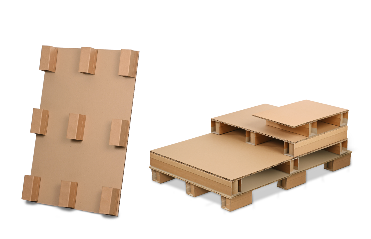 Durch die individuelle Platzierung der Kufen wird eine optimale Lastaufnahme und -verteilung ermöglicht. Mit Papierwabenplatten lassen sich schnell und flexibel Paletteneinheiten verschiedener Grössen herstellen.