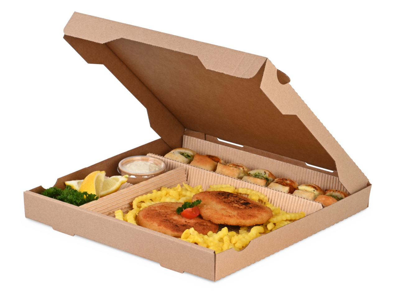 im Handumdrehen verwandeln Sie einen Pizzakarton in eine Menüverpackung