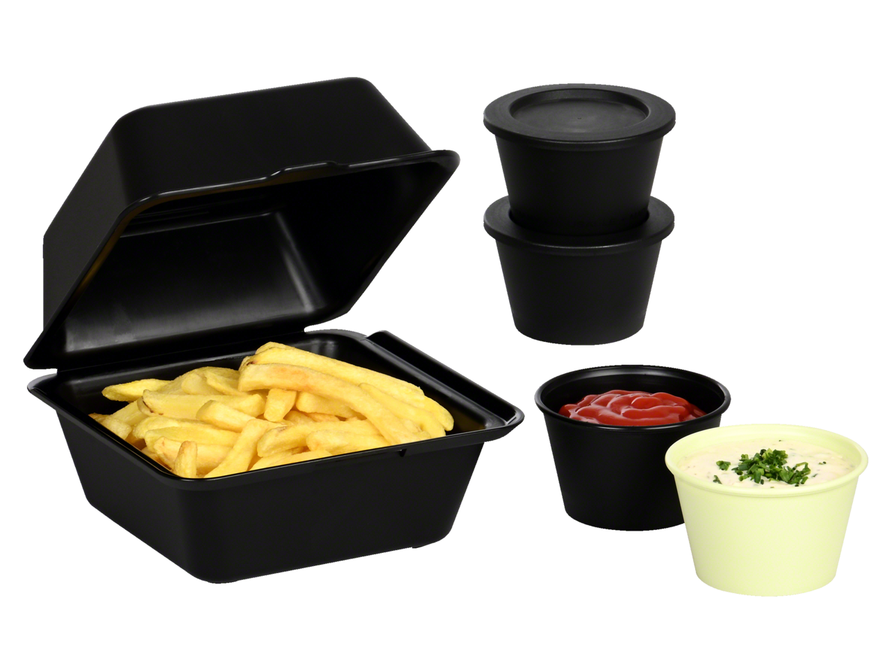 platzsparend stapelbare Becher eignen sich bestens für den Transport von frischen Saucen, Guacamole, Mayonnaise, Ketchup oder Kräuterdip