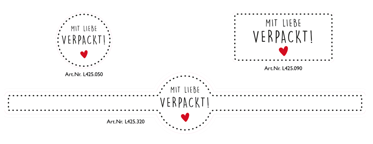 Etiketten mit dem Motiv «mit Liebe verpackt» finden Sie in unserem Web-Shop in 3 Ausführungen – zum Verzieren und Verschliessen