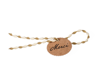 Produktanh&auml;nger mit Verschl.-Kordel &laquo;Merci&raquo;, K&auml;rtchen: braun; Kordel: cr&egrave;me/gold