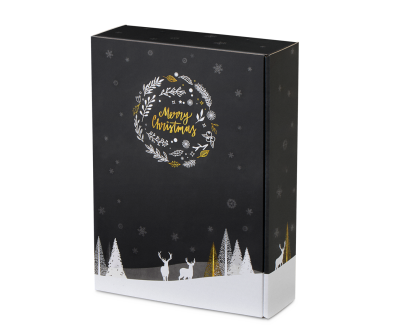 Flaschen-Geschenkkarton MERRY X-MAS, 3er, 360&times;260&times;93 mm, schwarz matt