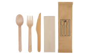 Besteckset aus Holz gewachst: Messer, Gabel, Kaffeelöffel, Serviette