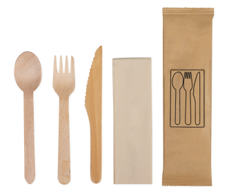 Besteckset aus Holz gewachst: Messer, Gabel, Löffel, Serviette