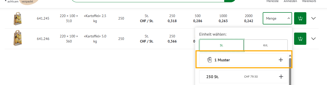 Die Bestelltabelle von packVerde