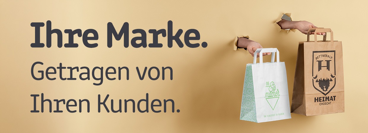 So könnte auch Ihre bedruckte Papiertragetasche aussehen bedruckte Papiertragetaschen mit Slogan «Ihre Marke - getragen von Ihren Kunden»
