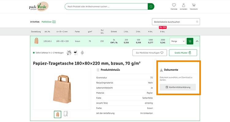 Konformit&auml;tserkl&auml;rung einer Papiertragetasche von packVerde