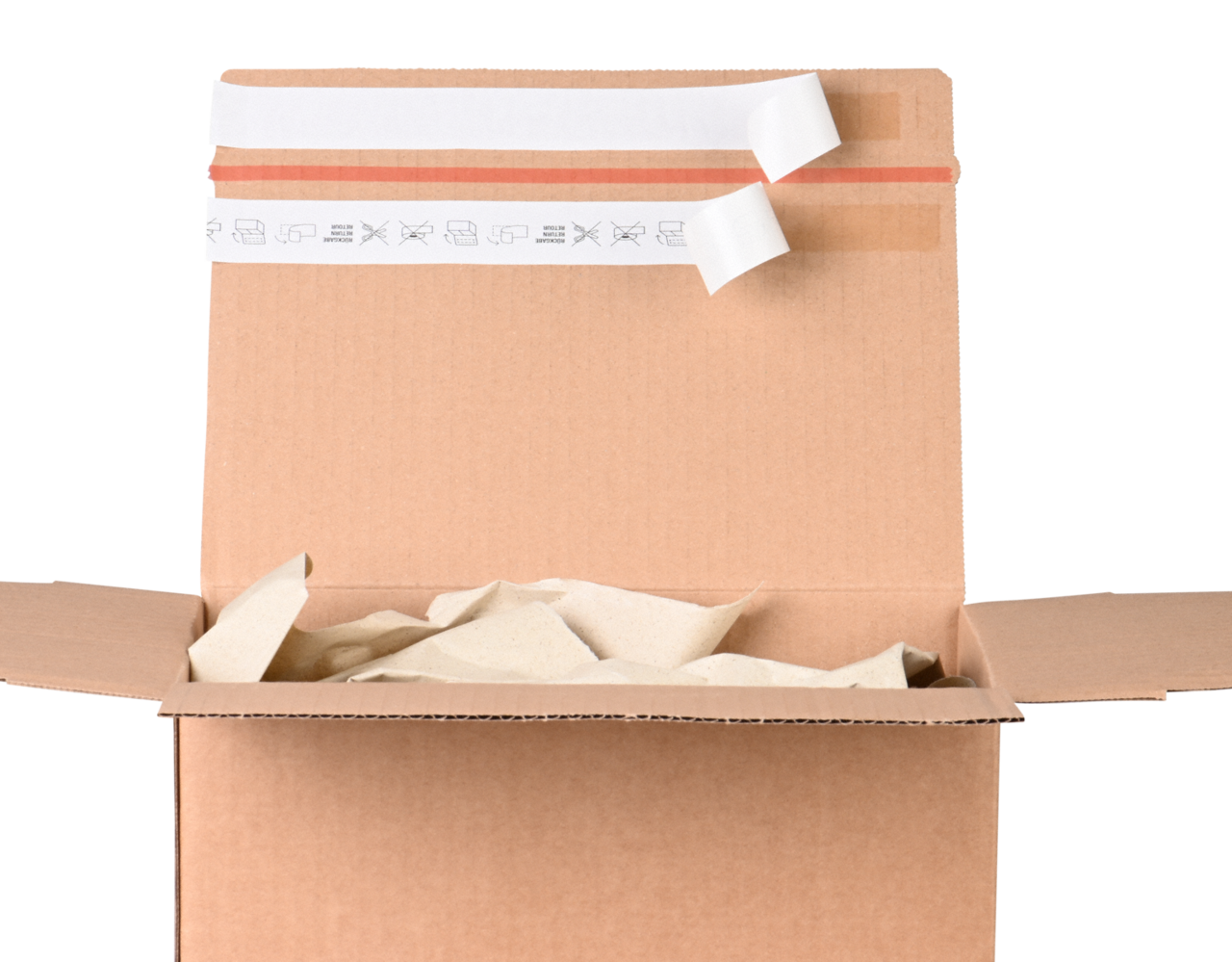 Zwei Selbstklebestreifen: Oberer für den Erstversand, unterer für Retouren, die in der Originalverpackung wieder gut ankommen.