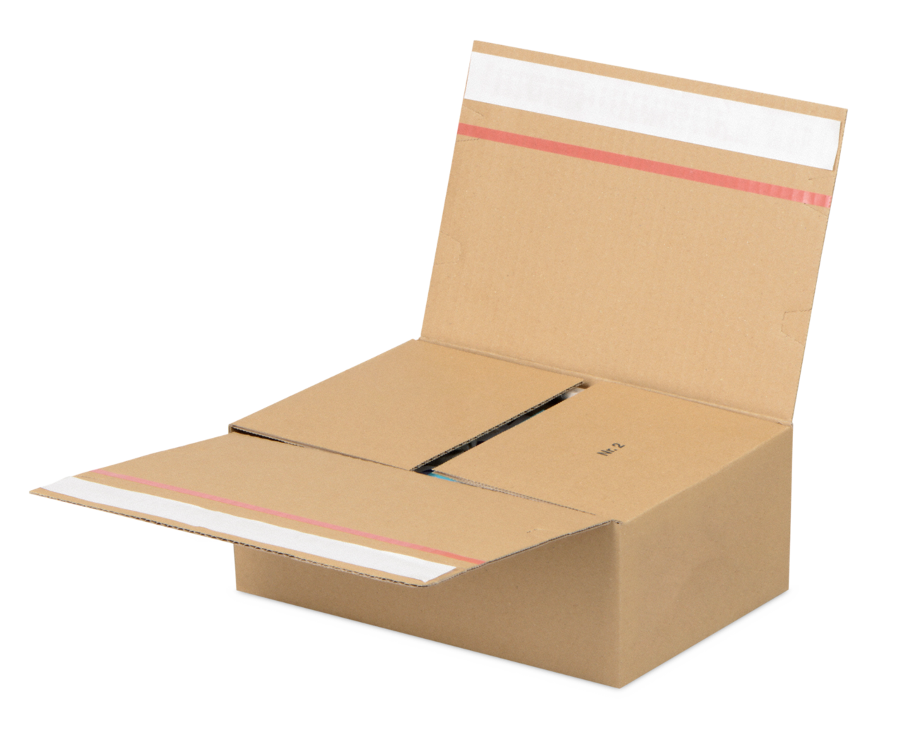 Zwei Selbstklebestreifen für schnelles und sicheres Verschließen ohne Klebeband. Ideal, wenn auch Retouren wieder gut ankommen sollen