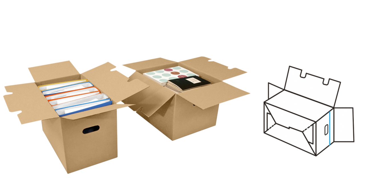 Typ 1 – mit schnell aufrichtbarem Automatik-Boden. Besonders geeignet für Ordner, Bücher und Büromaterial.
