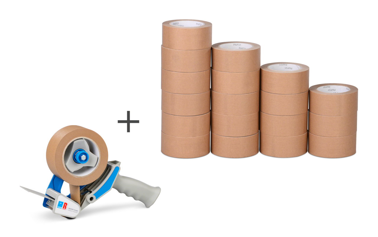 Papierklebeband Set MECATAPE® 18 Rollen + Handabroller