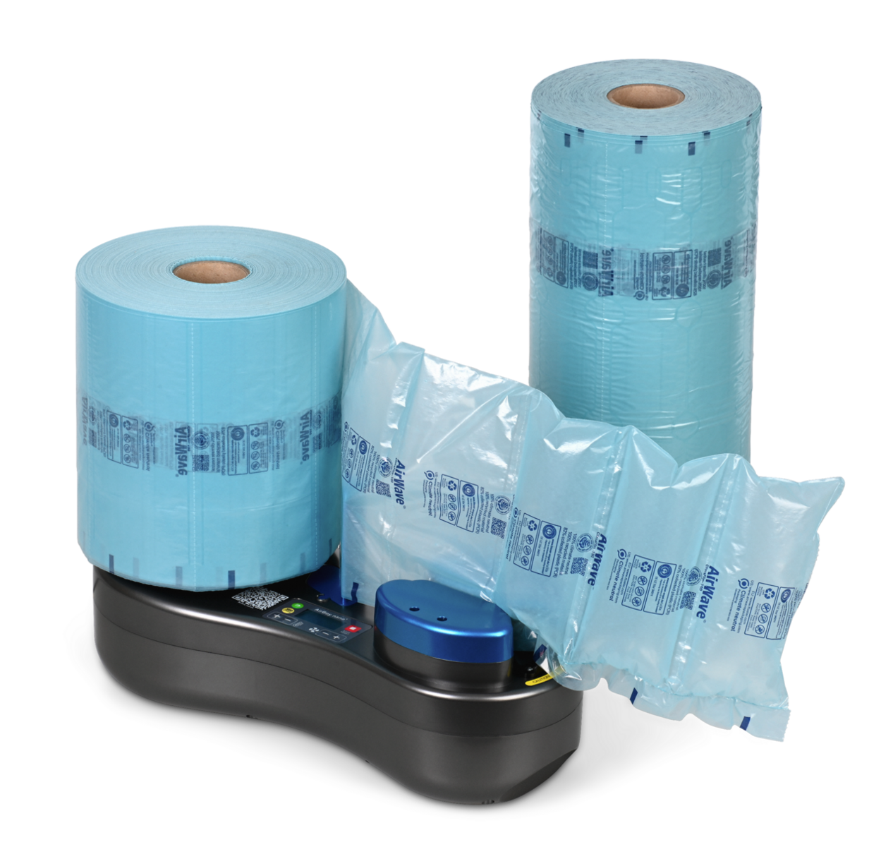 Art.-Nr. 199.595: Set bestehend aus AirBoy nano4 Maschine sowie je einer Folienrolle Typ 1 und Typ 2 aus Recycling-LDPE.