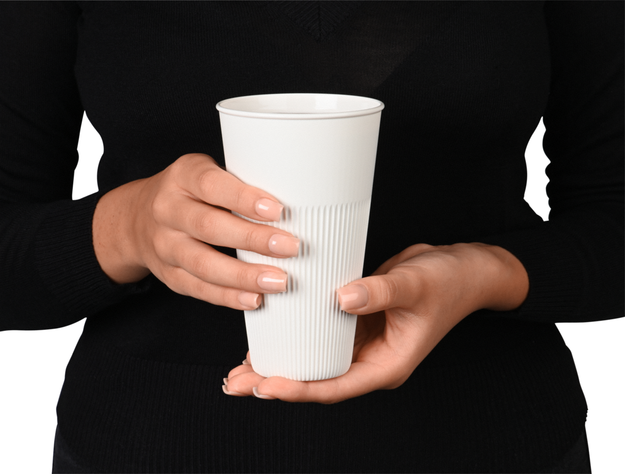durch die Luftzirkulation zwischen den Rillen lässt sich der Kaffeebecher mit heißem Inhalt angenehm halten