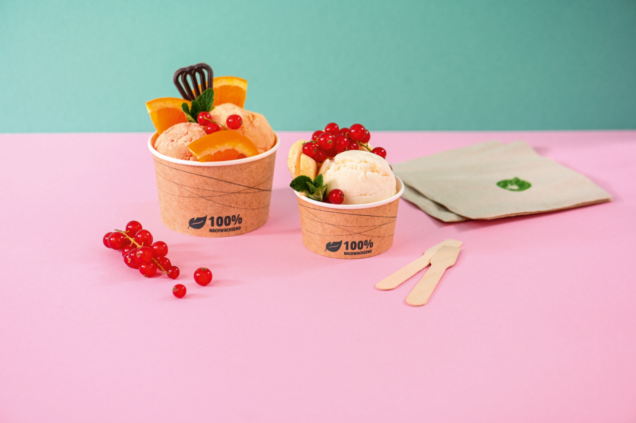 passende Servietten und Eislöffel erhältlich