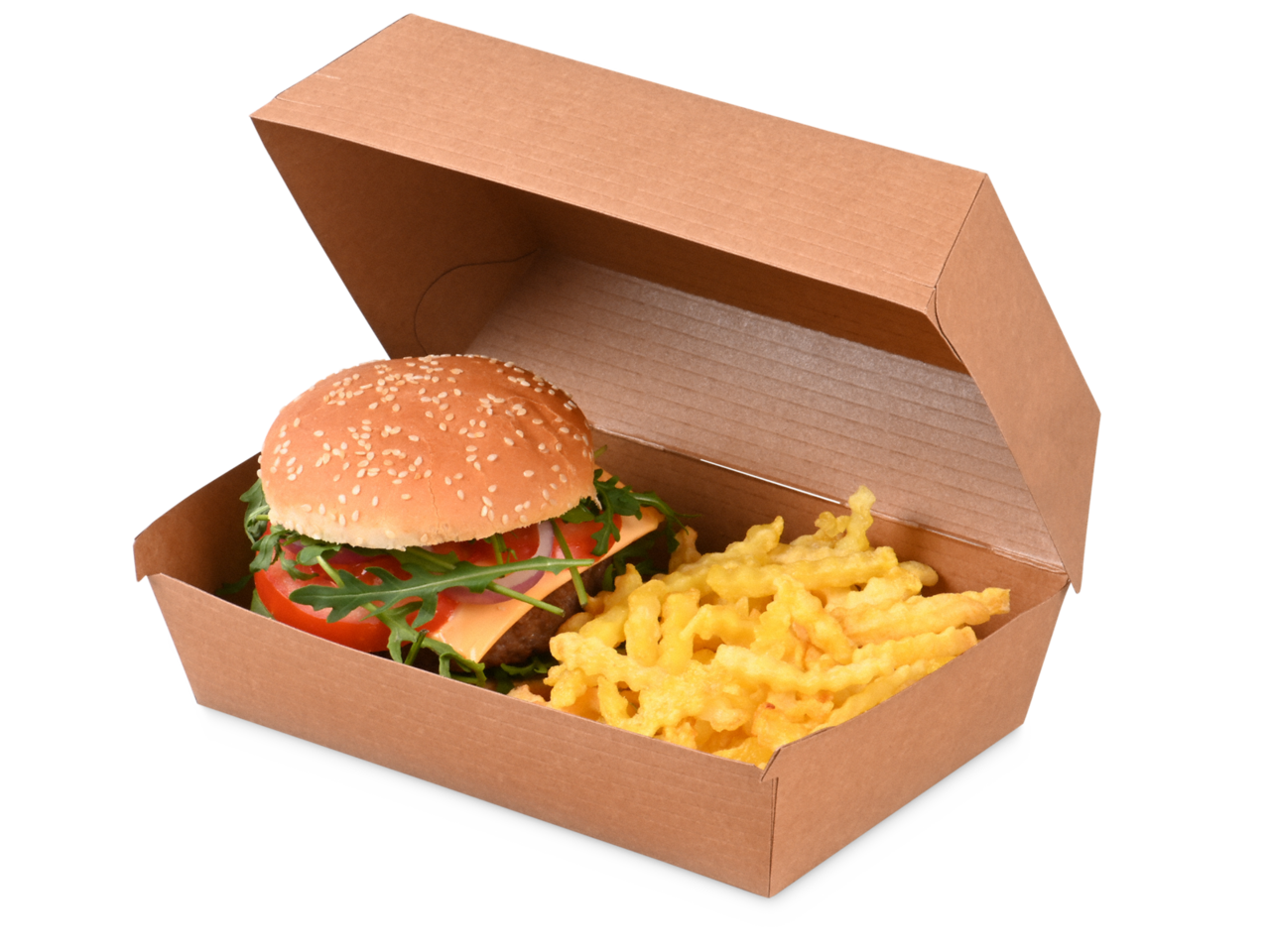 in der langen Box ist neben einem Burger auch noch Platz für Snacks oder Beilagen