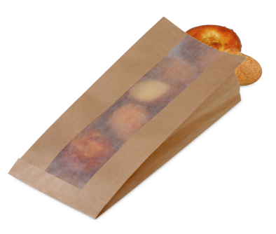 Faltenbeutel mit Pergamin-Sichtstreifen braun