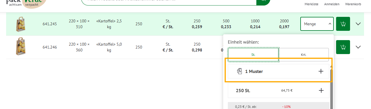 Die Bestelltabelle von packVerde