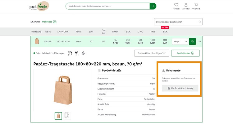 Konformit&auml;tserkl&auml;rung einer Papiertragetasche von packVerde