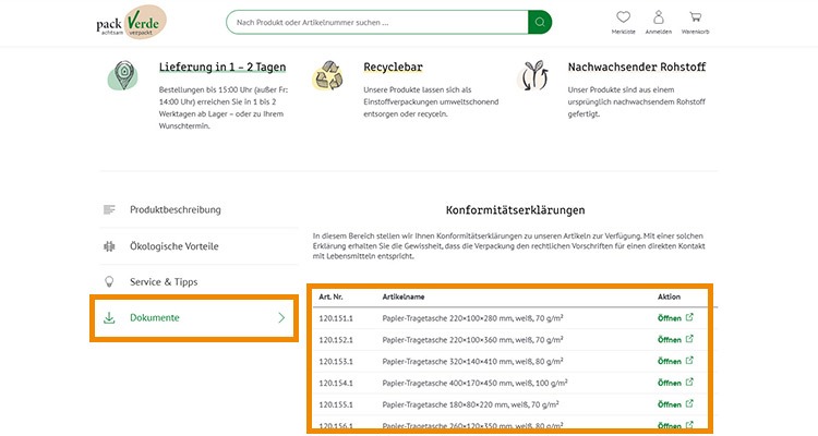 Konformit&auml;tserkl&auml;rung zum Herunterladen einer Papiertragetasche von packVerde