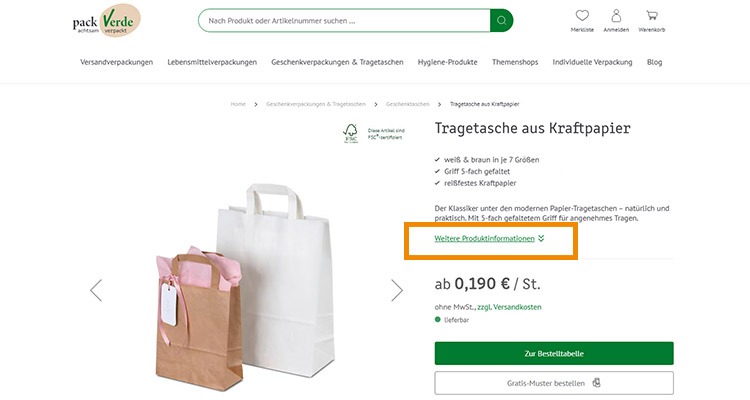 Produktseite einer Papiertragetasche von packVerde